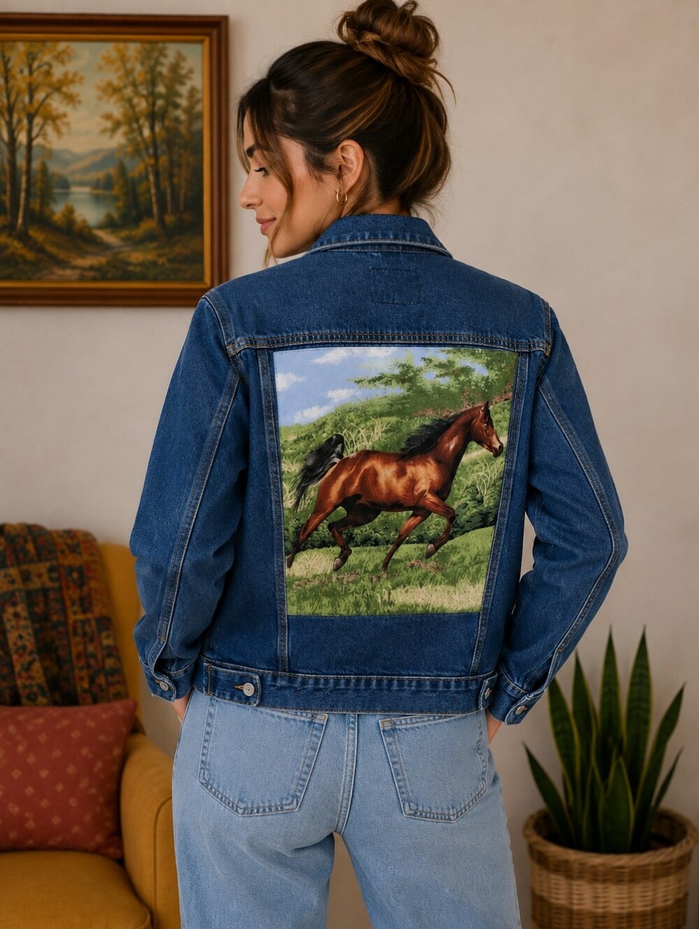 Reworked Denim Jacket With Western Horse Patch